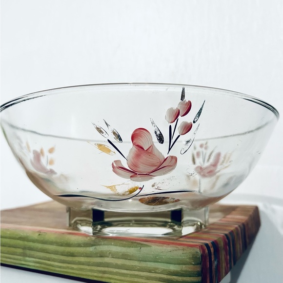1960's Mid-Century Glass Pink/Gold
Floral Chip & Dip Bowl - Picture 1 of 10